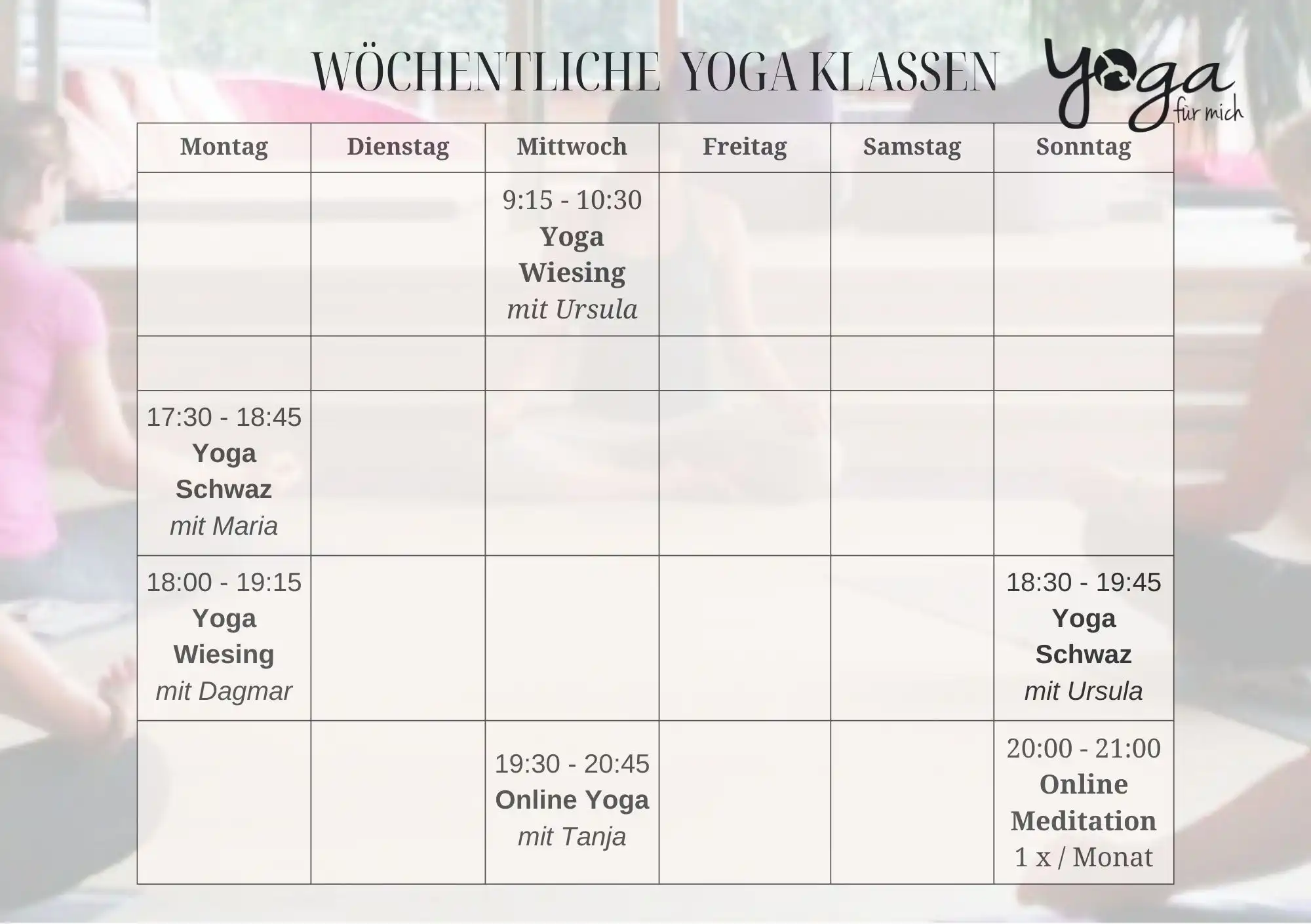 Wochenübersicht der Yoga Kurse von Yoga für mich mit Klassen in Schwaz, Wiesing und Online Yoga.